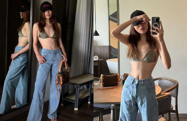 Lần khác, Kỳ Duyên sử dụng áo bra để mix cùng quần jeans, tạo thành một set đồ tôn dáng.&nbsp;
