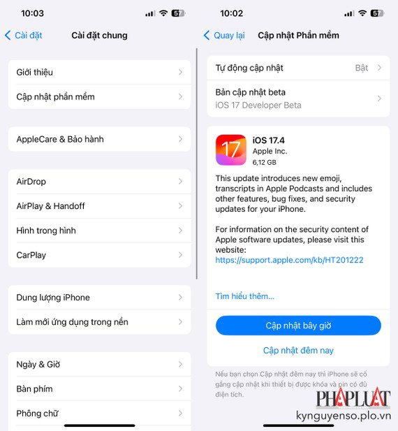 Cách cập nhật iOS 17.4 trên iPhone. Ảnh: TIỂU MINH