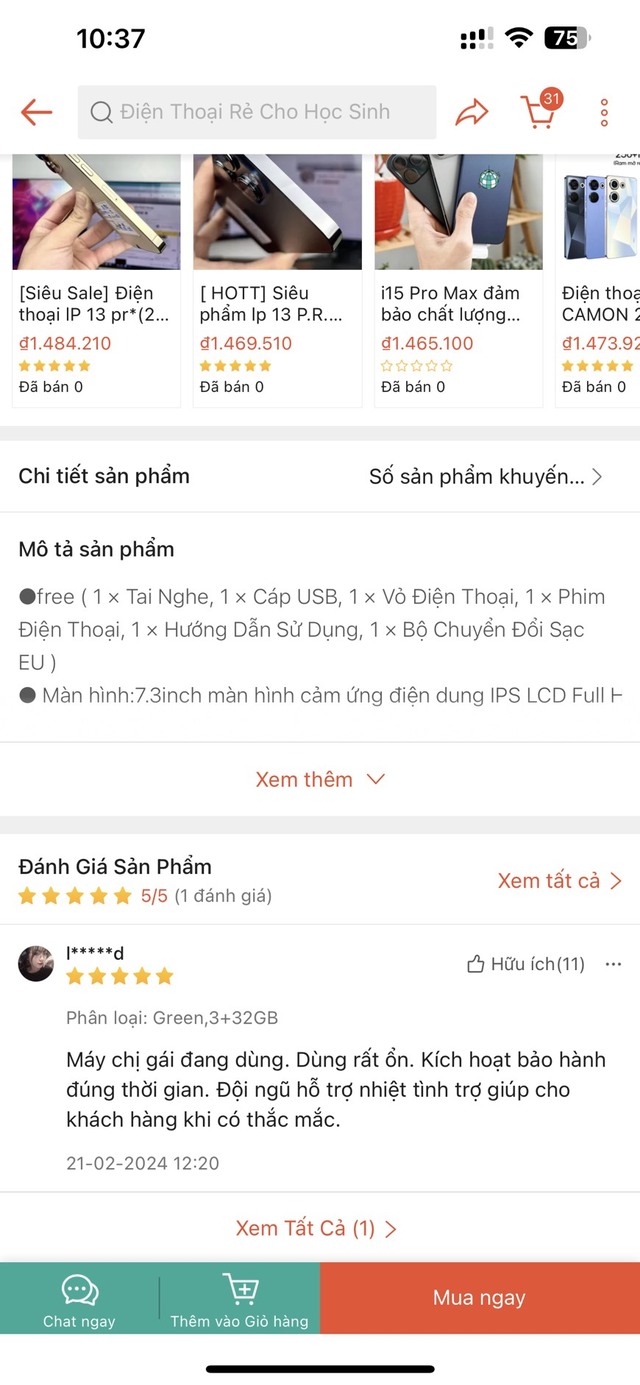 Một gian hàng trên Shopee bán điện thoại Iphone giá siêu rẻ, chỉ 1-2 triệu đồng, các đánh giá của khách hàng đều giống nhau. Ảnh chụp màn hình