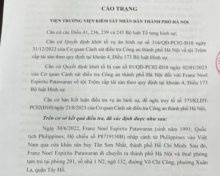 Cáo trạng truy tố Franz Noel Espiritu Patawaran