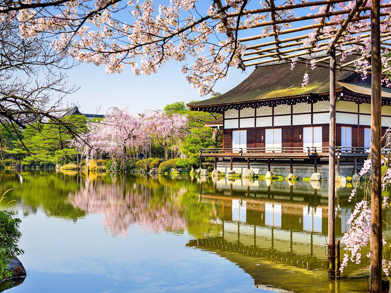 Đền Heian, tỉnh Kyoto được xây dựng từ thời Minh Trị. Khu vườn bao quanh ngôi đền được chăm sóc rất cẩn thận, vào mùa xuân anh đào nở rộ rũ bóng xuống nước nhìn rất đẹp.