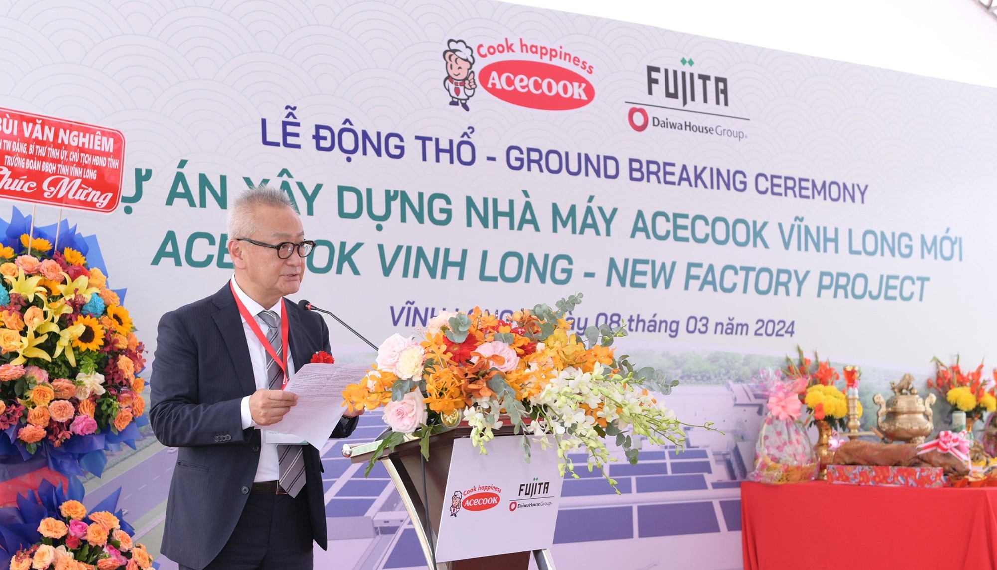 Ông Kaneda Hiroki - Tổng Giám đốc Công ty Acecook Việt Nam phát biểu tại buổi lễ