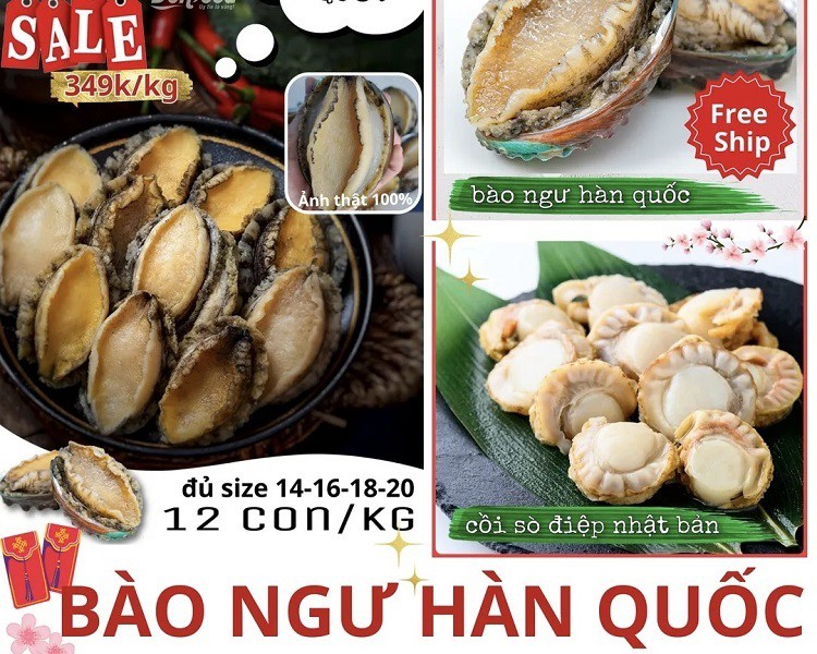 Bào ngư đông lạnh size 12 con/kg cũng được bán với giá siêu rẻ. (Ảnh chụp màn hình).