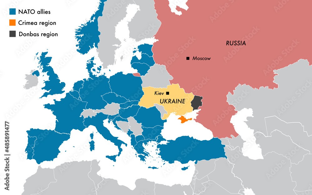 Bản đồ các quốc gia thành viên NATO ở châu Âu&nbsp;và Ukraine, Nga.