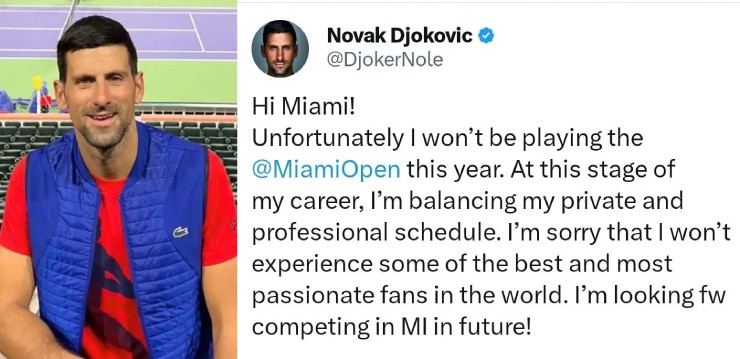 Djokovic rút lui khỏi Miami Open vì xung đột lịch trình cá nhân
