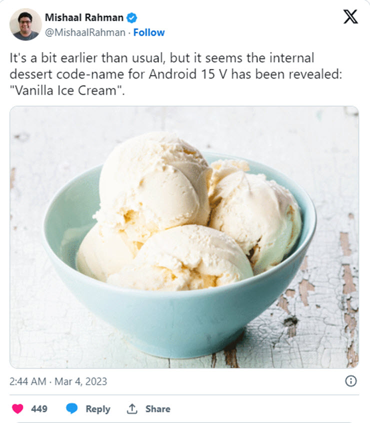 Tên mã của Android 15 sẽ là Vanilla Ice Cream.