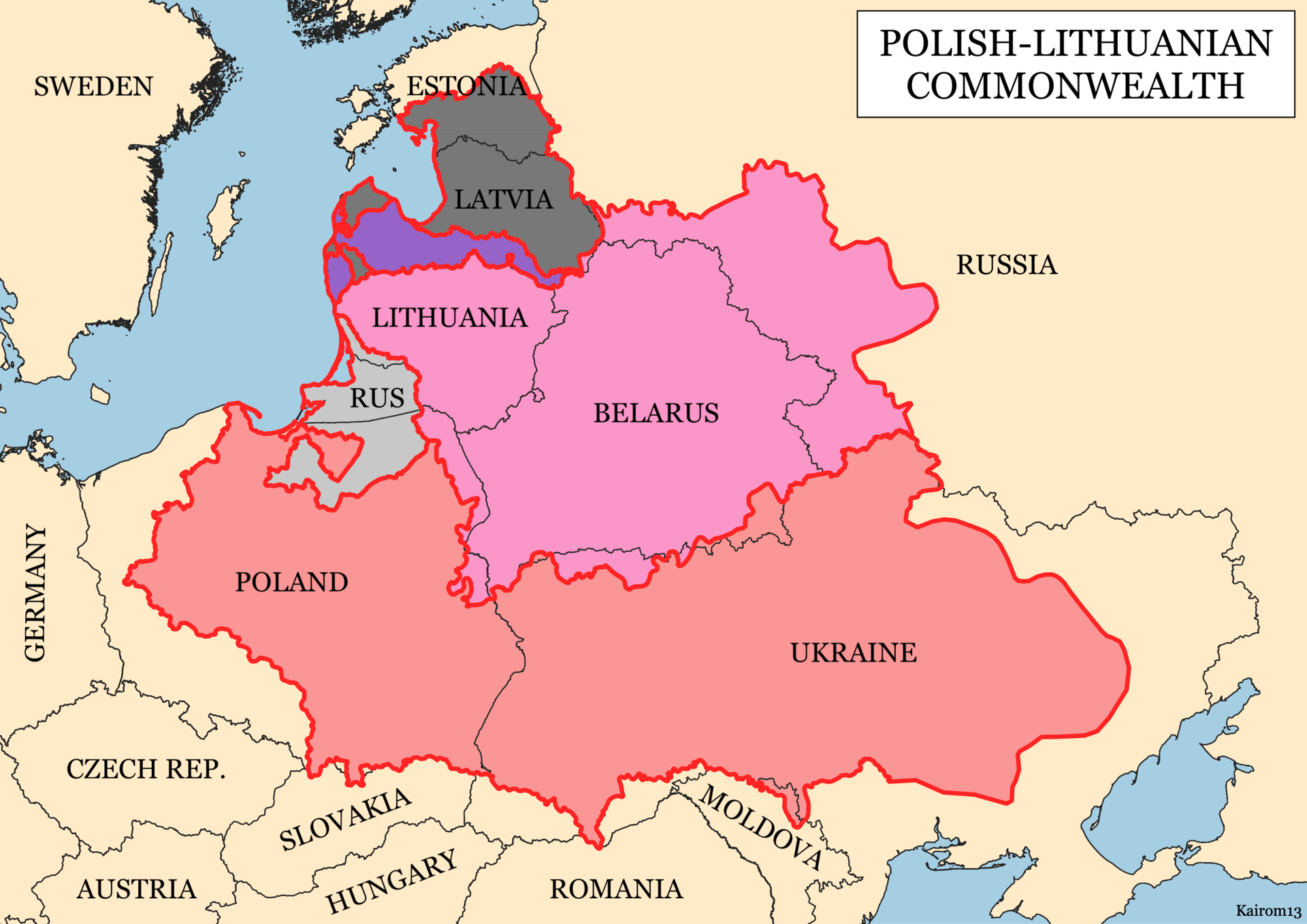 Bản đồ Khối Thịnh vượng chung Ba Lan - Lithuania vào năm 1619, vùng màu đỏ là vương quốc Ba Lan trong khối (bao gồm phần lớn&nbsp;lãnh thổ Ukraine).