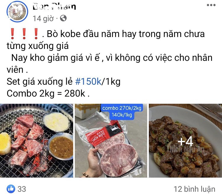 Thịt bò Kobe được bán trên chợ mạng với giá chỉ 150 nghìn đồng/kg. (Ảnh chụp màn hình).