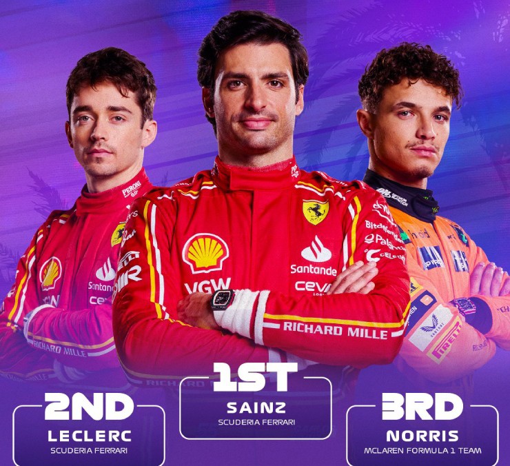 Bộ đôi Ferrari, Carlos Sainz -&nbsp;Charles Leclerc cùng Lando Norris (McLaren) ăn mừng top 3