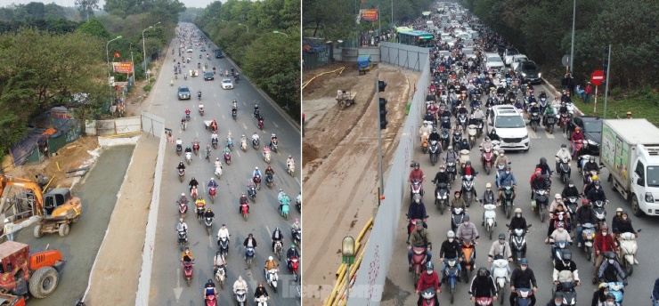 Việc thay đổi này khiến lòng đường đại lộ Thăng Long được mở rộng, không bị thu hẹp chiếm dụng gần một nửa, gây ùn tắc như 3 ngày trước đó (ảnh phải).
