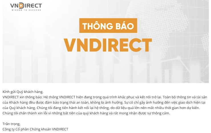 Thông báo trên trang chủ của VNDirect lúc 3h30 sáng 26/3, tức hơn 48 giờ sau khi phát hiện bị hacker xâm nhập.