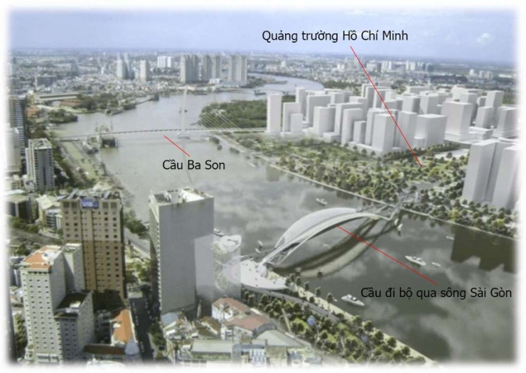 ﻿Phối cảnh trong báo cáo của liên danh tư vấn với cầu Ba Son (đã đưa vào sử dụng), cầu đi bộ bắc qua sông Sài Gòn (đã chọn thiết kế và đang lên kế hoạch xây dựng) và Quảng trường Hồ Chí Minh dự kiến.