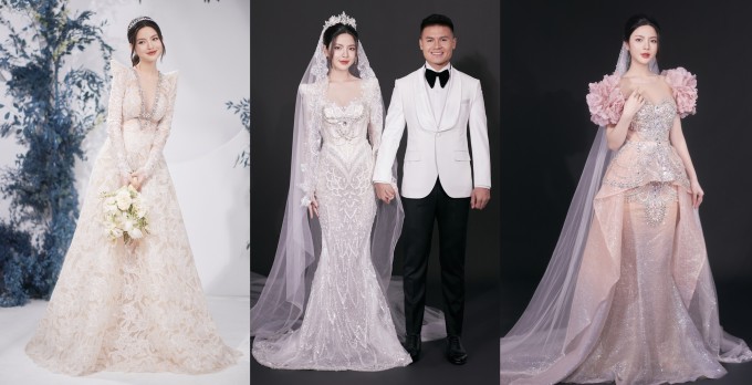 Chu Thanh Huyền diện ba mẫu váy cưới của Trà Linh khi chụp hình cưới. Ảnh: Hacchic Couture