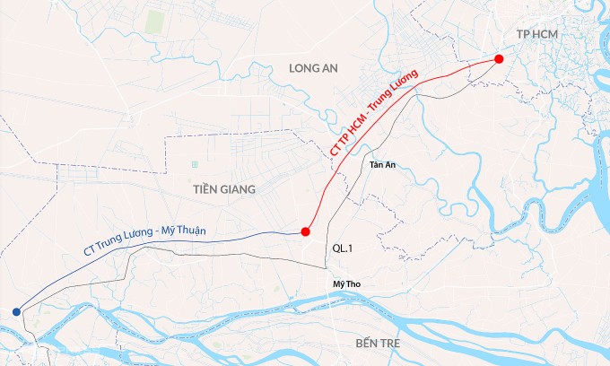 Hướng tuyến cao tốc TP HCM - Trung Lương. Đồ họa: Đăng Hiếu