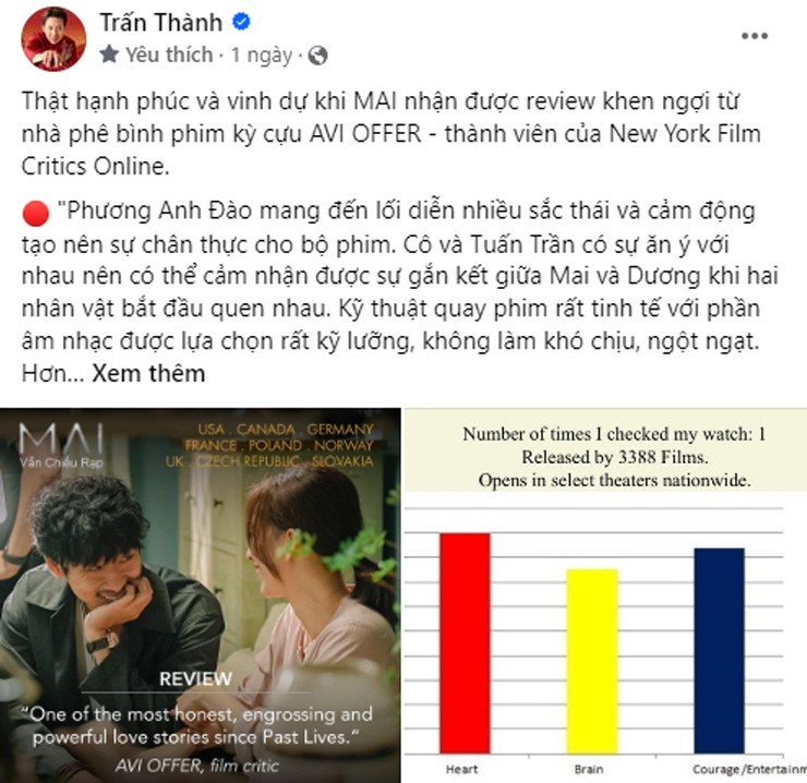 Trấn Thành chia sẻ lại một review của nhà phê bình phim nước ngoài về phim "Mai"