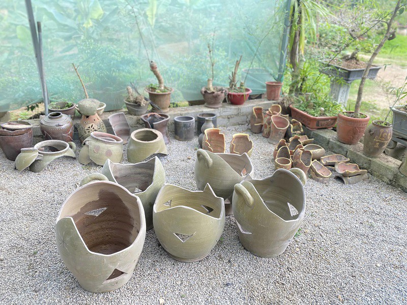Những chiếc bình gốm được anh Luân sử dụng để làm chậu trồng tre bonsai.