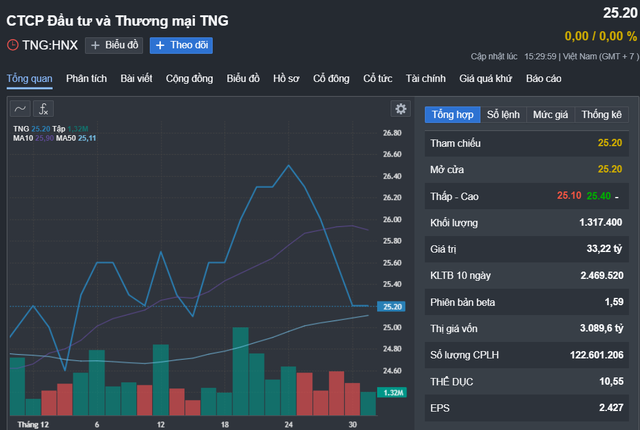 Biến động cổ phiếu TNG 1 tháng qua Nguồn: Fireant