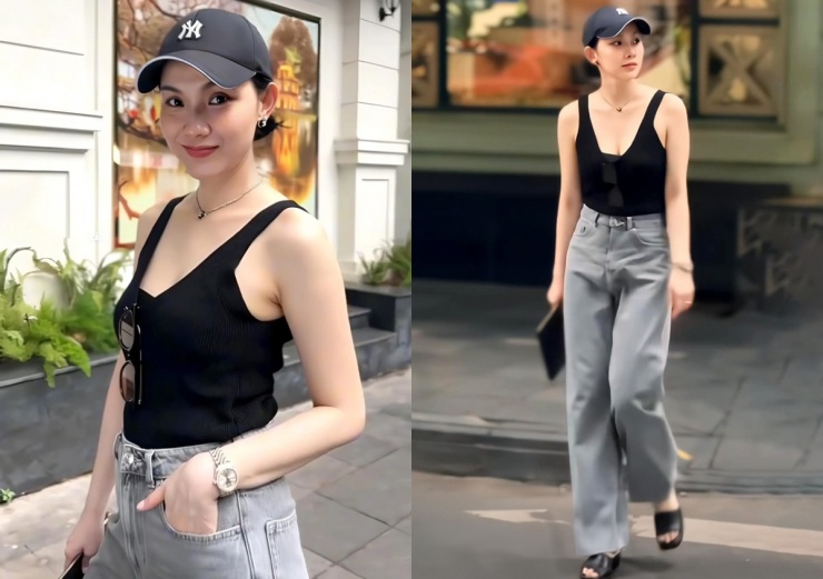 Cô phối áo ba lỗ cùng quần jeans ống suông trong một lần xuống phố. Người đẹp đội mũ lưỡi trai, đeo hoa tai và vòng cổ Chanel, đồng hồ Rolex. Vẻ tươi trẻ, năng động của Thùy Lâm được khen không khác nhiều so với lúc mới nổi tiếng.