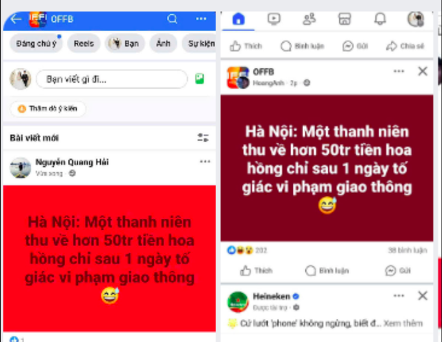 Nhiều trang chia sẻ thông tin "Hà Nội: Một thanh niên thu về 50 triệu đồng chỉ sau 1 ngày tố giác vi phạm giao thông". Ảnh: chụp màn hình