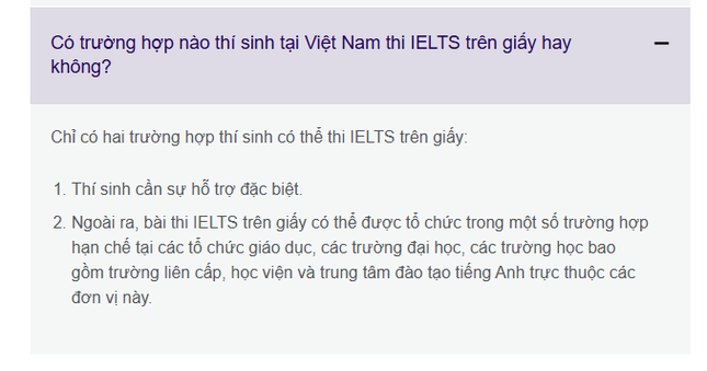 Thí sinh tại Việt Nam vẫn có thể thi trên giấy nếu rơi vào 2 trường hợp đặc biệt, theo thông tin trên trang chủ của Hội đồng Anh.