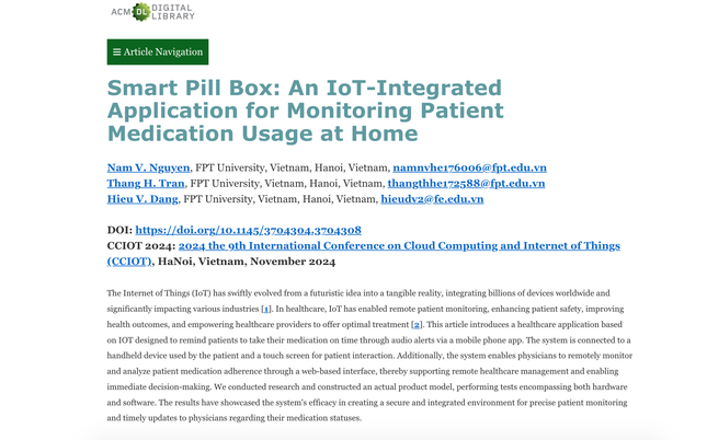 Bài nghiên cứu khoa học “Ứng dụng IoT trong việc theo dõi sử dụng thuốc tại nhà” của nhóm Nguyễn Văn Nam được trình bày tại Hội thảo quốc tế CCIOT 2024. Ảnh: VA