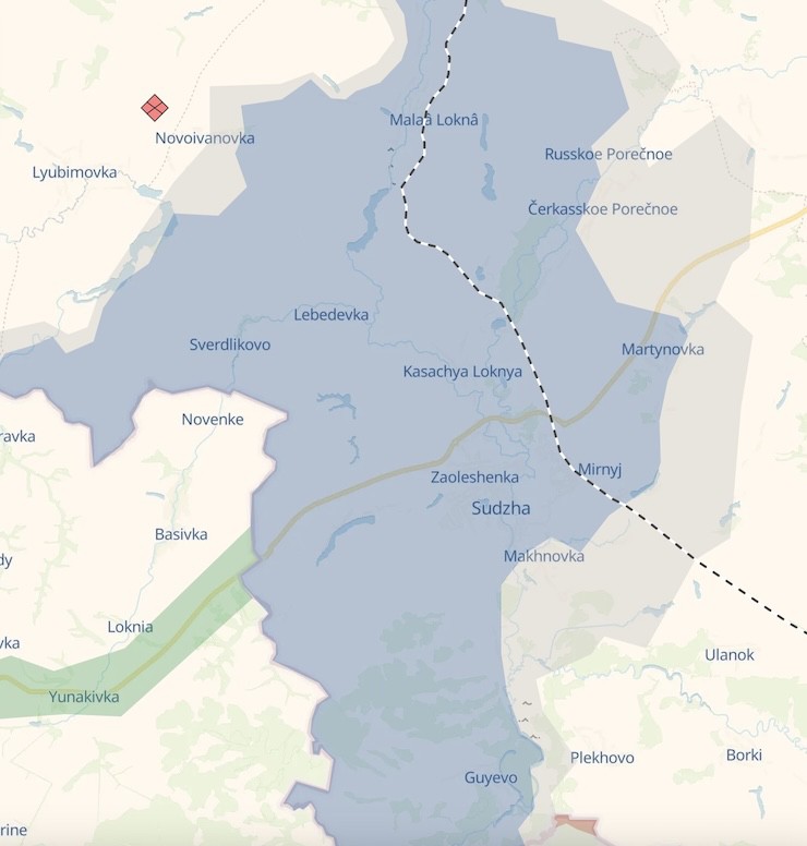 Ukraine chỉ còn kiểm soát 468km2 lãnh thổ vùng Kursk trong khi các lực lượng Nga đã áp sát phía đông thị trấn Sudzha. Ảnh: DeepState.