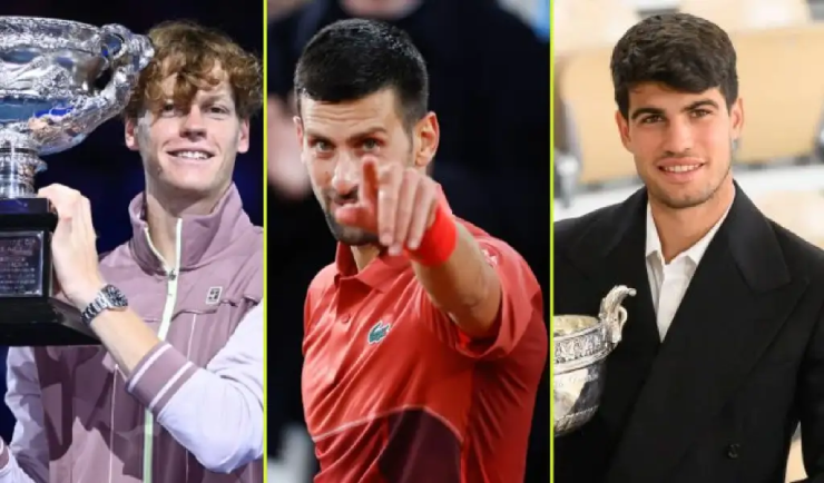 Sinner và Djokovic (bên trái) sẽ phải bảo vệ nhiều điểm số hơn Alcaraz (bên trái) tại Australian Open 2025