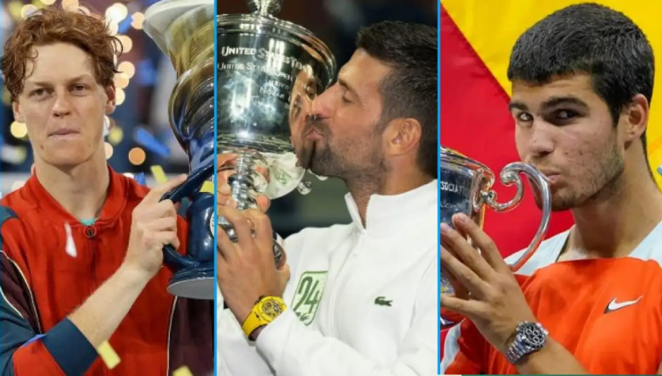 Djokovic (centro) probablemente aún no quiere ver la era "Sincaraz" (juego de palabras de los fanáticos sobre los dos jugadores Sinner y Alcaraz).