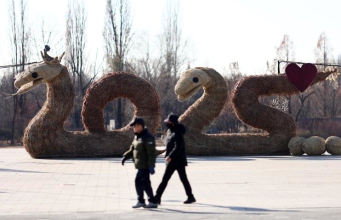 Vợ chồng rắn được tạo nên từ 4 tấn cỏ bạc tại công viên World Cup, Seoul. Ảnh: Yonhap