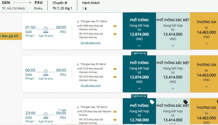 Nếu muốn bay từ TPHCM về Pleiku ăn Tết, khách phải chấp nhận mua vé bay vòng qua Hà Nội với giá đắt đỏ. Ảnh chụp màn hình.