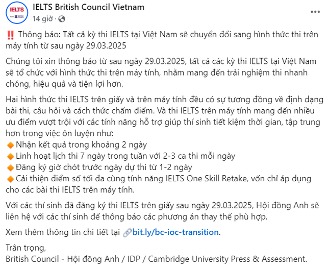 Sau ngày 29/3, tất cả các kỳ thi IELTS tại Việt Nam sẽ được chuyển đổi hoàn toàn sang hình thức thi trên máy tính.