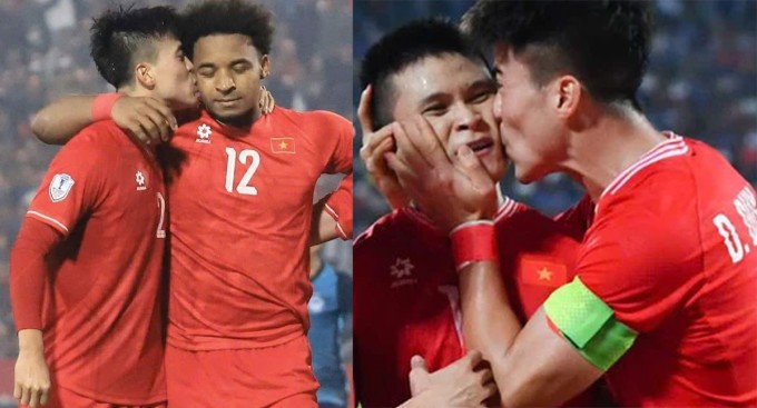 Duy Mạnh hôn Xuân Son, Tuấn Hải khi mừng bàn thắng tại ASEAN Cup 2024.