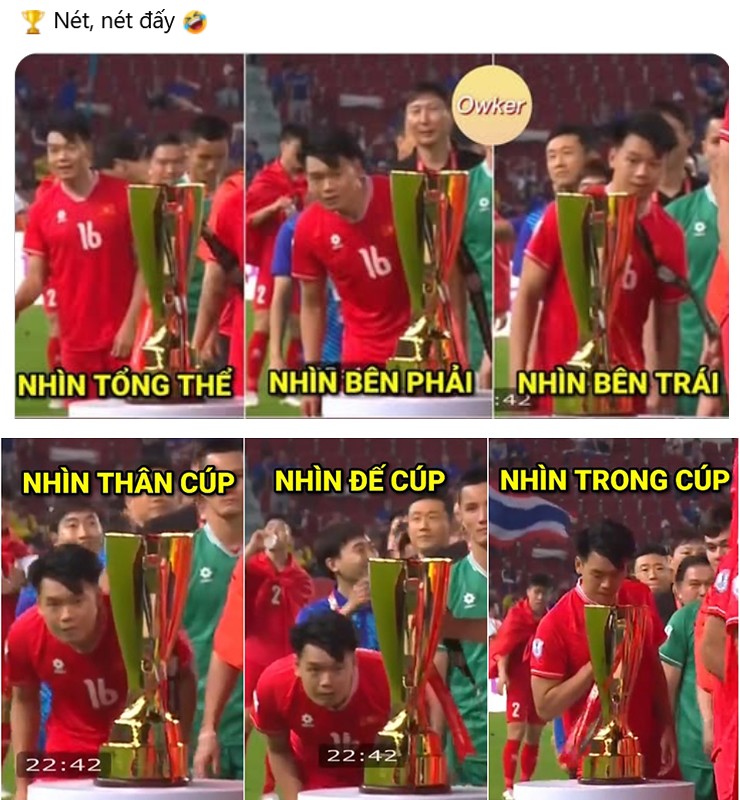 Sau chiến thắng thuyết phục của đội tuyển Việt Nam tại AFF Cup 2024 trước Thái Lan, nàng WAGs gây chú ý khi chia sẻ hình ảnh hài hước của chồng bên chiếc cúp vô địch.
