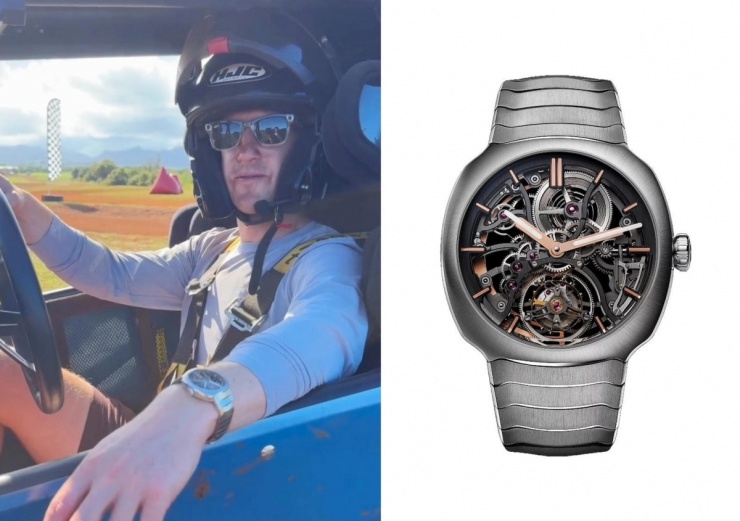 Mark Zuckerberg còn có mẫu H. Moser &amp; Cie. Streamliner Tourbillon Skeleton Ref. 6814-1200. Đồng hồ ấn tượng với thiết kế lộ cơ, vỏ thép không gỉ 40 mm, điểm nhấn là bộ tourbillon bay một phút với hai lò xo cân bằng, tạo cảm giác như đang lơ lửng trong không trung. Thiết kế đi kèm dây đeo kim loại Streamliner liền khối, giá 86.900 USD (2,2 tỷ đồng). Ảnh: Instagram Zuckerberg, H. Moser &amp; Cie.