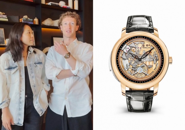 Xa xỉ nhất trong bộ sưu tập của Zuckerberg là mẫu Patek Philippe Grand Complications Minute Repeater 5303R-001. Thiết kế bằng vàng hồng 18K, mặt số có đường kính 42 mm, mang bộ máy dây thủ công caliber R TO 27 PS. Với thiết kế lộ cơ cho phép người đeo có thể quan sát toàn bộ cơ chế điểm chuông, mẫu này có giá lên tới 778.060 USD (19,7 tỷ đồng). Ảnh: Instagram Zuckerberg, Patek Philippe