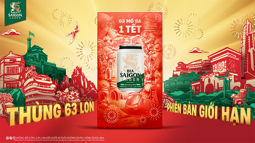 Bia Saigon Lager phiên bản giới hạn Tết 2025 - 63 mở ra 1 Tết - 1