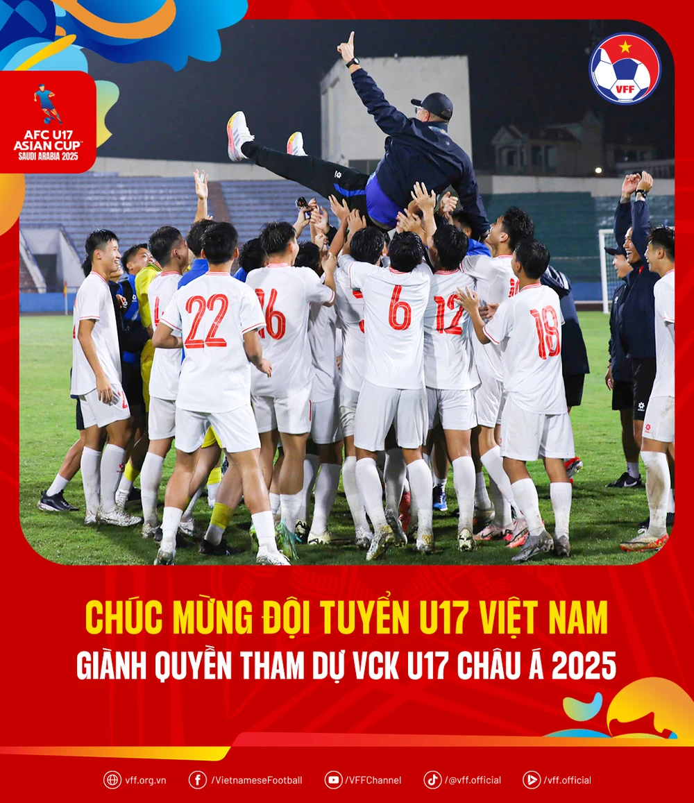 Thầy trò HLV Cristiano Roland ăn mừng có vé dự VCK U-17 châu Á 2025