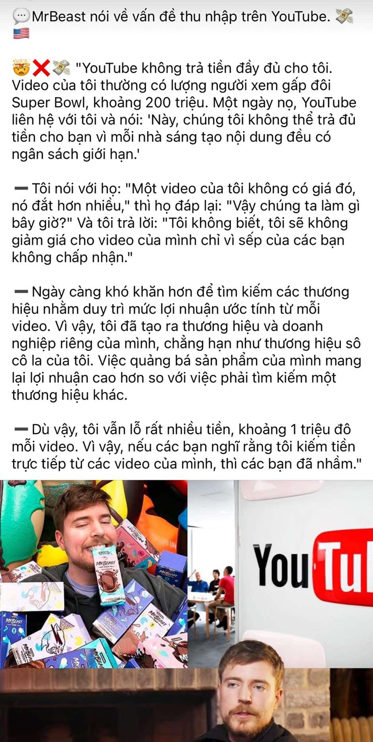 Thông tin về việc YouTube không đủ tiền chi trả cho MrBeast.