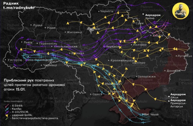 Sơ đồ cuộc tập kích tên lửa tầm xa của Nga nhằm vào các cơ sở năng lượng Ukraine hôm 15/1.