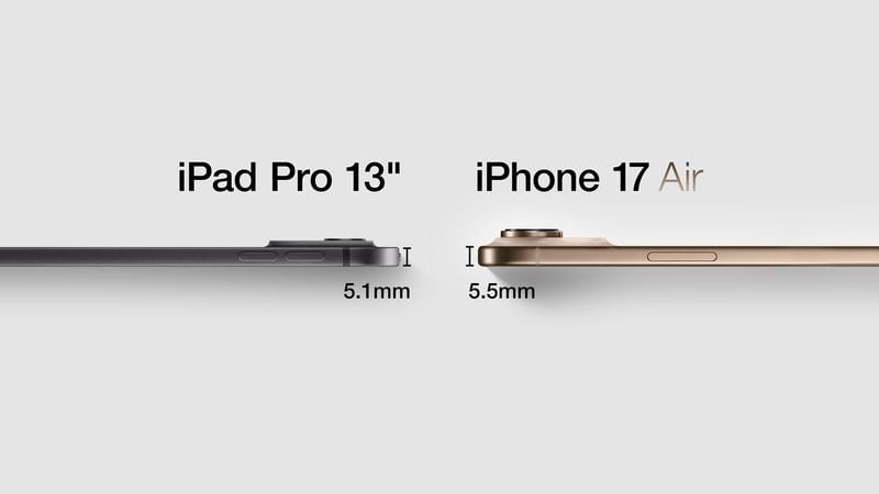 HÌnh ảnh rò rỉ so sánh về độ mỏng của iPhone 17 Air với iPad Pro 13 inch.