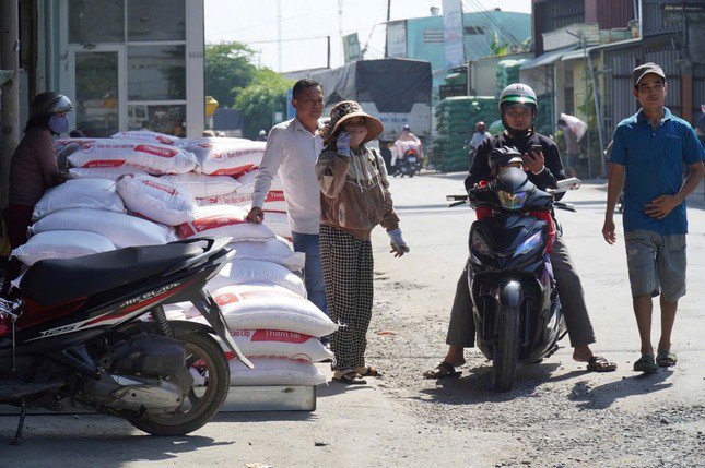 Gạo được bày ra đường bán với giá giảm 200.000 đồng/ bao loại 50 kg.