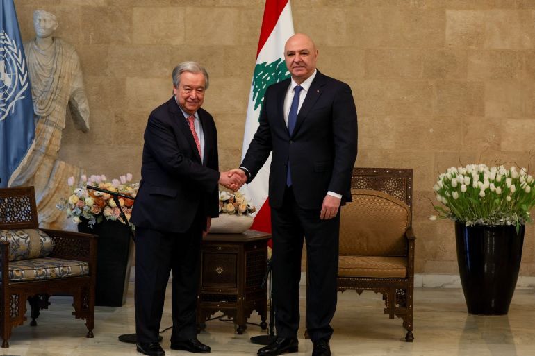 Tổng thư ký Liên Hợp Quốc Antonio Guterres gặp Tổng thống Lebanon Joseph Aoun tại thủ đô Beirut ngày 18/1/2025. Ảnh: Reuters