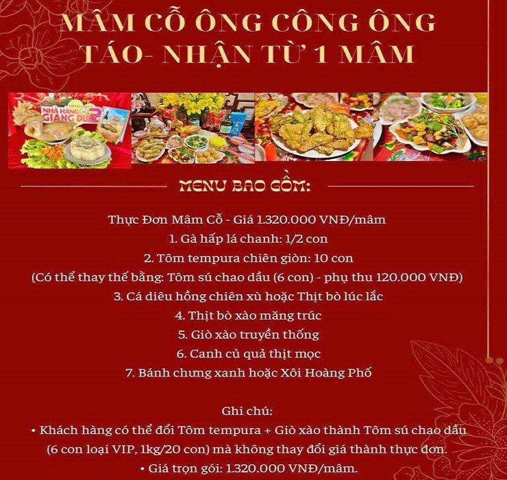 Nhiều nhà hàng, quán ăn cung cấp dịch vụ làm mâm cỗ ông Công ông Táo, giá từ vài trăm nghìn đến vài triệu đồng.