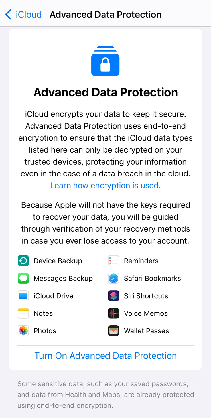 Bật tính năng mã hóa dữ liệu iCloud để bảo vệ dữ liệu trực tuyến.