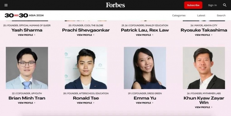 Trần Tuấn Minh có tên trong danh sách "30 Under 30 Asia 2024" do Forbes bình chọn.