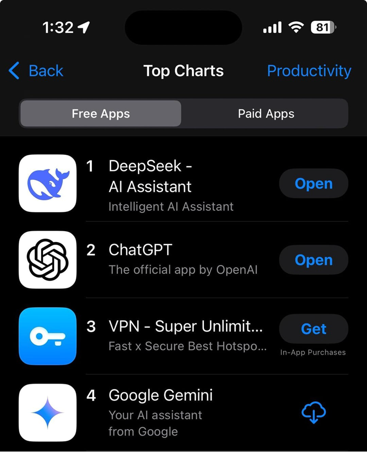 DeepSeek vươn lên vị trí dẫn dầu của App Store.