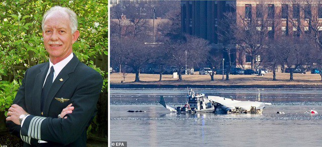 Cơ trưởng Chesley "Sully" Sullenberger (trái) và hiện trường máy bay chở khách của hãng American Airlines va chạm với trực thăng, rơi xuống sông Potomac gần thủ đô Washington tối 29-1. Ảnh: EPA