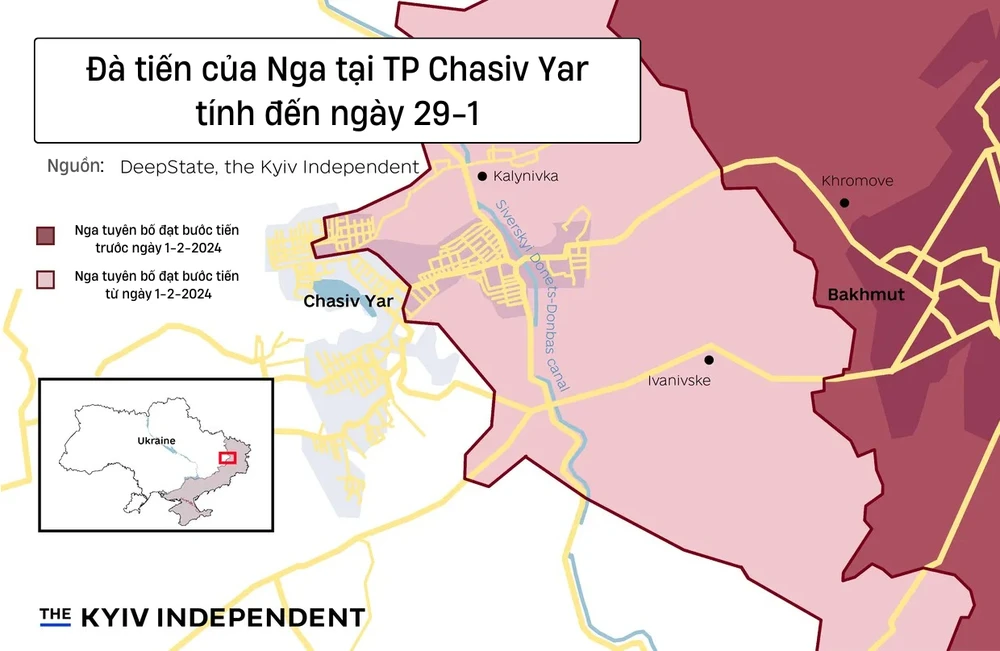 Lược đồ đà tiến của quân Nga tại TP Chasiv Yar, tỉnh Donetsk (Ukraine). Nguồn: THE KYIV INDEPENDENT