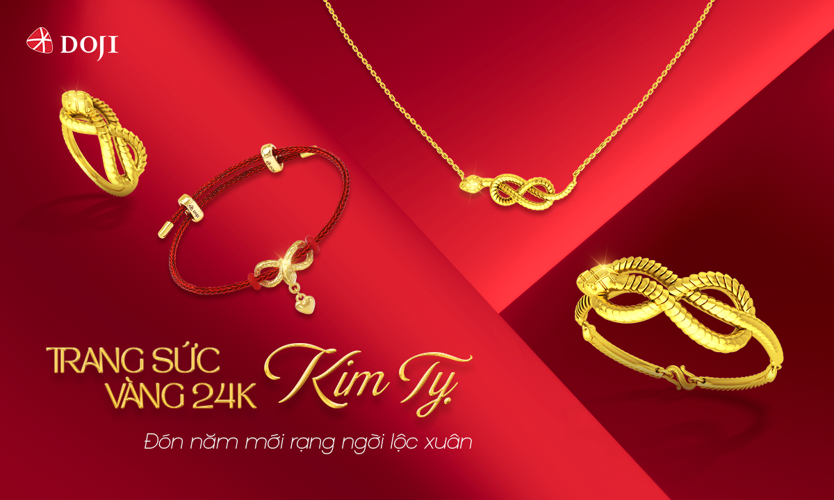 Trang sức vàng 24K Kim Tỵ với biểu tượng linh vật năm 2025 tạo hình vô cực ý nghĩa.