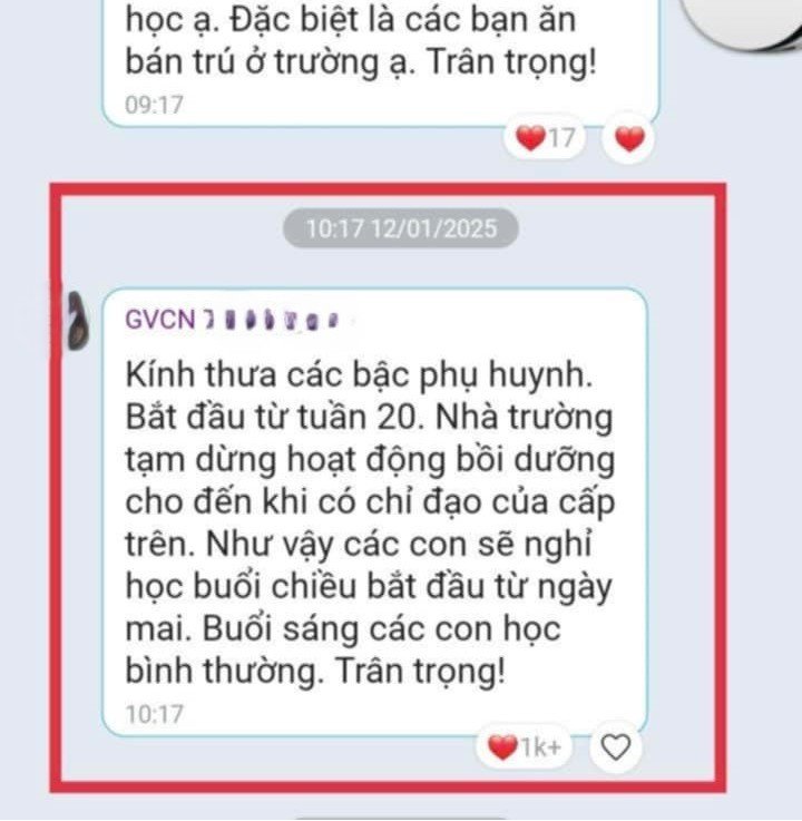 Thông báo tạm dừng các hoạt động bồi dưỡng (học thêm) của một trường THCS tại Hoài Đức, Hà Nội.&nbsp;